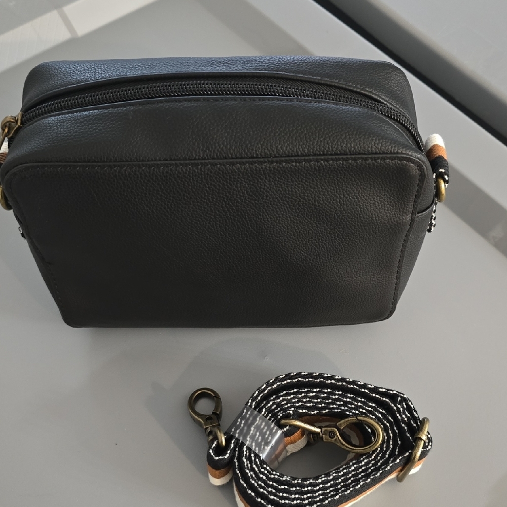 NWT Thirty-one Elegant Black Crossbody Bag with Striped Strap
